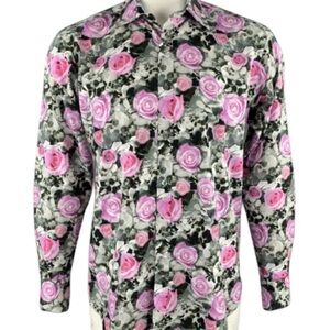 TED BAKER Black Pink Floral Cotton Button Up Long Sleeve Shirt Sz 16 / 40S Men